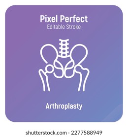 Arthroplasty thin line icon, artificial joint, surgical procedure to restore joint. Arthritis. Pixel perfect, editable stroke. Vector illustration. 