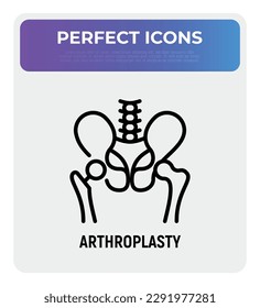 Icono de línea delgada de la artroplastia, articulación artificial, procedimiento quirúrgico para restaurar la articulación. Artritis. Ilustración vectorial. 