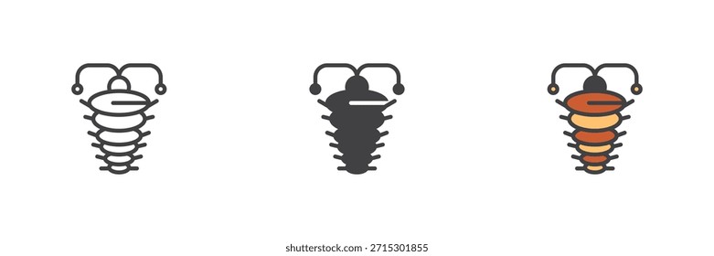 Conjunto de iconos de insectos artrópodos que muestra estilos de líneas, contornos sólidos y rellenos. Icono de símbolo y signo de Vector de bichos antiguos, ilustración en color inspirada en la fauna prehistórica.