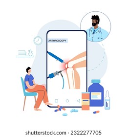 Arthroscopy procedure, online consultation. Knee joint minimally invasive surgery. Arthroscope and arthroscopic instrument. Patella treatment, leg pain, kneecap inflammation flat vector illustration