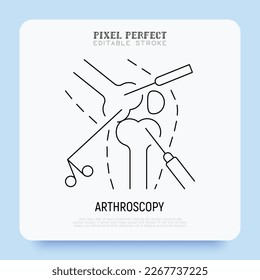 Arthroscopy, surgical procedure for knee joint arthritis. Thin line icon. Pixel perfect, editable stroke. Vector illustration.