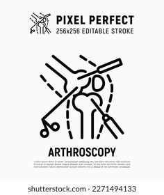 Arthroscopy, surgical procedure for knee joint arthritis. Thin line icon. Pixel perfect, editable stroke. Vector illustration.