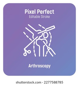 Arthroscopy, surgical procedure for knee joint arthritis. Thin line icon. Pixel perfect, editable stroke. Vector illustration.