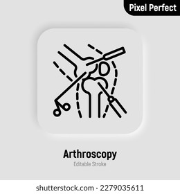 Artroscopia, procedimiento quirúrgico para artritis articulatoria de rodilla. Icono de línea delgada. Trazo perfecto y editable. Ilustración vectorial.