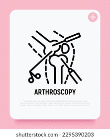 Artroscopia, procedimiento quirúrgico para artritis articulatoria de rodilla. Icono de línea delgada. Ilustración vectorial.