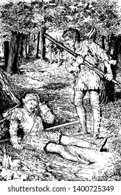 Arthur to A to Bland and Robin Hood this scene shows two men fighting with staffs in forest one man fallen under tree and another man standing in front of him holding staff vintage line drawing