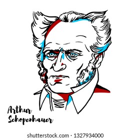 Arthur Schopenhauer engraved vector portrait with ink contours. German philosopher.