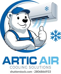 Artic Air HVAC Logo Template – Friendly Polar Bear Mechanic Mascot with Air Conditioner and Snowflakes