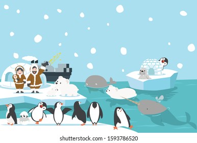 Artic animals with eskimo background