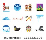 Artic Icon Set. Polar Bears Dogteam Eskimos North Lights North Pole Igloo Lumberjack Axes Iceberg Whale Walrus Ice Walrus Face Sea Calf