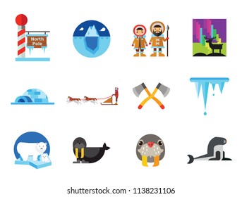 Artic Icon Set. Polar Bears Dogteam Eskimos North Lights North Pole Igloo Lumberjack Axes Iceberg Whale Walrus Ice Walrus Face Sea Calf