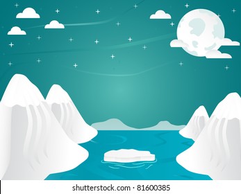 Artic landscape with icebergs in ocean, mountain and key with full moon and stars and clouds