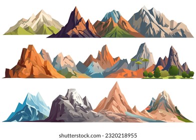 Artichelen mountains set. Vibrant cartoon illustration showcasing a charming set of flat-design mountains, creatively designed to evoke a sense of adventure and wonder. Vector illustration.
