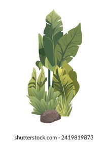 Planta tropical de Artichelen. Esta ilustración meticulosamente representada presenta una vegetación selvática muy activa en un diseño creativo con un toque de encanto de dibujos animados. Ilustración vectorial.