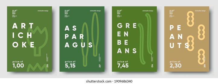 Artichoke, Asparagus, Green beans, Peanuts. Price tag, label or poster. Set of posters, vegetables and herbs in a minimalist design. Flat vector illustration. 