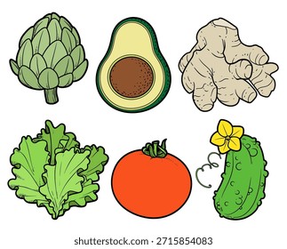 Alcachofa, aguacate, raíz de jengibre, tomate, pepino y lechuga ilustración de color con contorno sobre fondo blanco