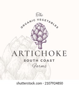 Artichoke Badge or Logo Template. Hand Drawn Vegetable Sketch with Retro Typography. Premium Plant Based Vegan Food Emblem Isolated