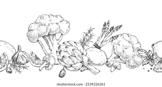 Artichoke, broccoli, asparagus, lemon, garlic, rosemary and pepper hand drawn ink seamless border isolated on white background. Vector sketch black and white illustration.food label design