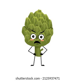 Artichoke character with angry emotions, grumpy face, furious eyes, arms and legs. Person with irritated expression, green vegetable emoticon. Vector flat illustration