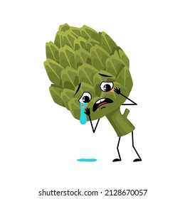 Artichoke character with crying and tears emotion, sad face, depressive eyes. Person with melancholy expression, green vegetable emoticon. Vector flat illustration