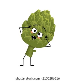 Artichoke character with emotions in panic grabs his head, surprised face, shocked eyes, arms and legs. Person with scared expression, green vegetable emoticon. Vector flat illustration