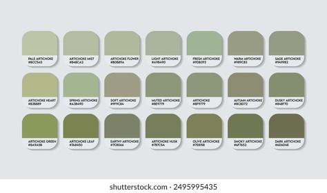 Artichoke Color Palette, Artichoke Color Guide Palette with Color Names. Catalog Samples of Artichoke with RGB HEX codes and Names. Dung Colors Palette Vector, Fashion Trend Dung Color shades Vector