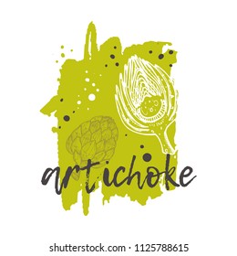 Artichoke concept design. Hand drawn vector illustration. Vegetables. Can be used for farmers market, food festival, menu, cafe, restaurant, bar, poster, banner, emblem, sticker, placard.