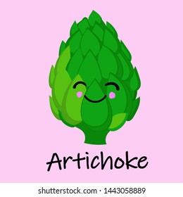 Ilustración vectorial Emoji de Comida Vegetable Artichoke Cute Anime Humanizada Caricatura Sonriente
