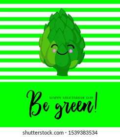Artichoke. Cute characters with hands and faces on a green background. Greeting card for vegan day and vegetarian day.