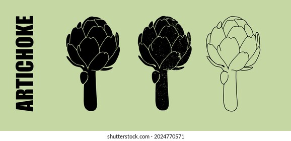 Artichoke drawn with a black line on a green background. Vector.