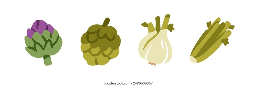 Artichoke, fennel root, celery stalks. Green vegetables set. Fresh healthy vitamin food, eating. Organic vegetarian nutrition, veggies. Flat vector illustration isolated on white background