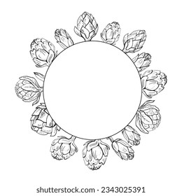 Artichoke frame label template background for text. Edible flower bud plant, vector illustration, healthy vegetables. Fresh whole artichoke design label for packaging, logo, card, banner.Hand drawn 