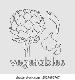 
Artichoke, garlic and pepper. Vector. Color and line.