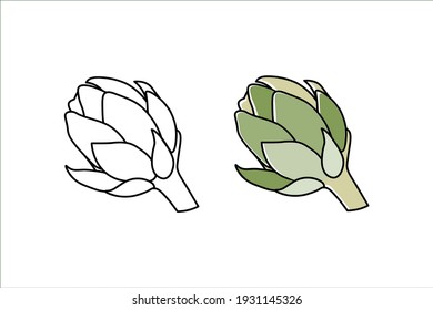 
Artichoke green flower heads vector illustration. Artichoke for coloring book. Natural fresh farm food for healthy nutrition isolated on white background.