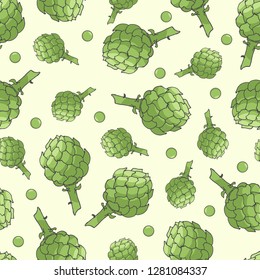 Artichoke with green peas seamless pattern vector illustration