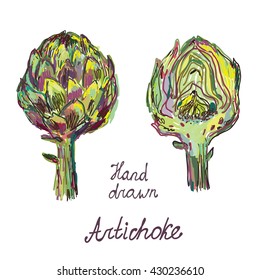 Artichoke hand drawn card set, artistic design - vector illustration
