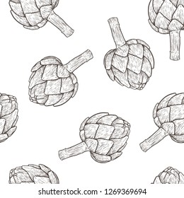 Artichoke hand drawn vector seamless pattern. Isolated Vegetable engraved style background. Detailed vegetarian food drawing. Farm market product. Great for menu, packaging design, fabric 