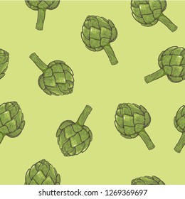 Artichoke hand drawn vector seamless pattern. Isolated Vegetable engraved style background. Detailed vegetarian food drawing. Farm market product. Great for menu, packaging design, fabric 