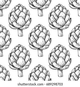 Artichoke hand drawn vector seamless pattern. Isolated Vegetable engraved style background. Detailed vegetarian food drawing. Farm market product. Great for menu, packaging design, fabric