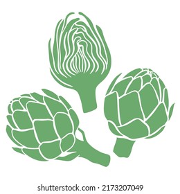 Artichoke hand drawn vector set. Artichoke fruit silhouette whole and half. Healthy organic food isolated illustration