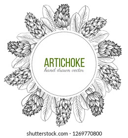 Artichoke hand drawn vector sketch isolated on white background, graphic herbal decorative plant round frame, Organic food ingredient ink illustration, for design healthy market, menu, cosmetic