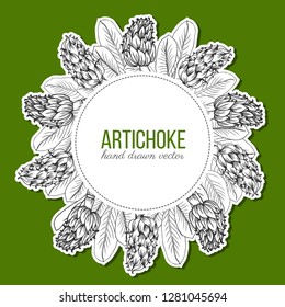 Artichoke hand drawn vector sketch isolated on green background, graphic herbal decorative plant round frame, Organic food ingredient ink illustration wreath, for design healthy market, menu, cosmetic