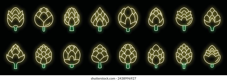 Los iconos de alcachofa establecen el vector de contorno. Bioalimentación. Color de neón orgánico fresco aislado