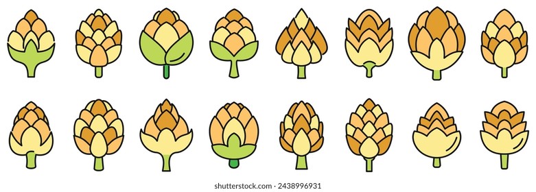 Los iconos de alcachofa establecen el vector de contorno. Bioalimentación. Línea fina orgánica fresca color plana aislada