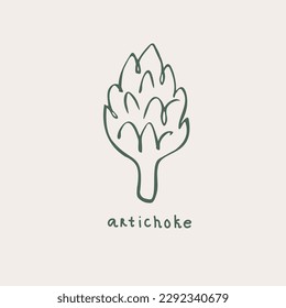 Artichoke illustration. Edible flower bud, healthy vegetable. Fresh hand drawn artichoke in simple sketch style with lettering. Artistic vector illustration