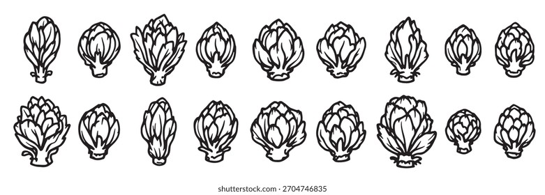 conjunto de ilustrações de alcachofras de diferentes tipos de alcachofras