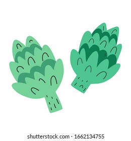 Artichoke isolated icon on white background, cute cartoon vegetables, vector hand drawn illustration. Healthy green organic veggies. Cute doodle drawing