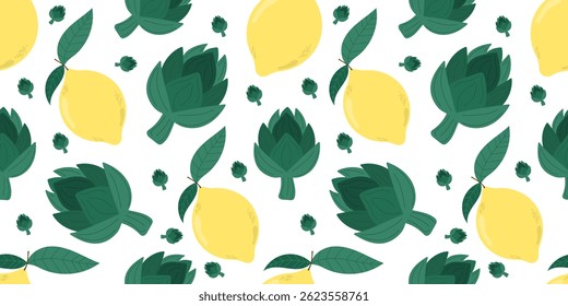 Alcachofa y limón sin patrón Vector con hojas verdes frescas sobre un fondo blanco — perfecto para el envasado de alimentos mediterráneos, marca de productos orgánicos, diseño de mercado de agricultores, estilo de vida saludable