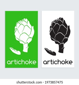 Artichoke logo icon template for logo, menu, label. Simple vegetarian, nutrition food sign, Isolated. Vector illustration. Black and White, Green color.