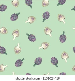 Artichoke on light green background  seamless pattern. Vector. Wrapping paper template.